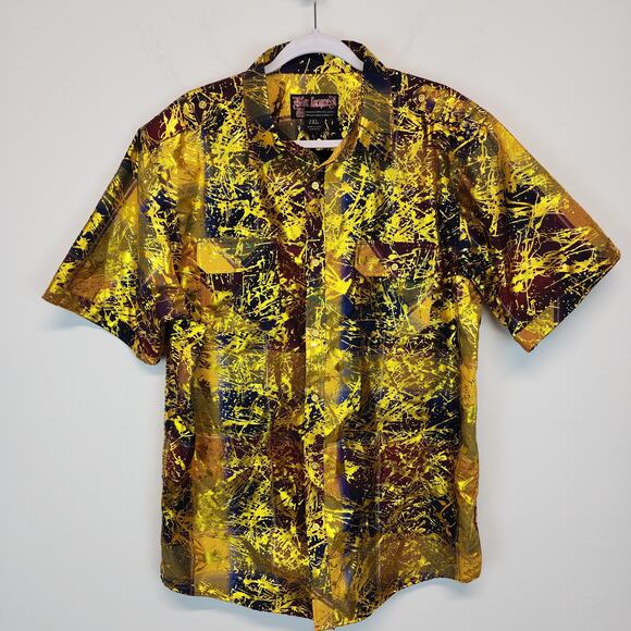 Blac Lacquer Button Up Shirt Mens 2XL Gold Metallic Splatter Plaid Collared - Picture 1 of 14